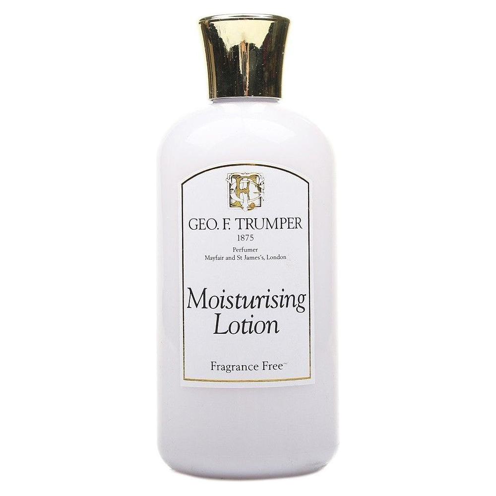 Geo. F. Trumper fragrance-free moisturizing lotion in 200ml bottle, smooth cream texture, suitable for sensitive skin.