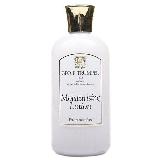 Geo. F. Trumper fragrance-free moisturizing lotion in 200ml bottle, smooth cream texture, suitable for sensitive skin.