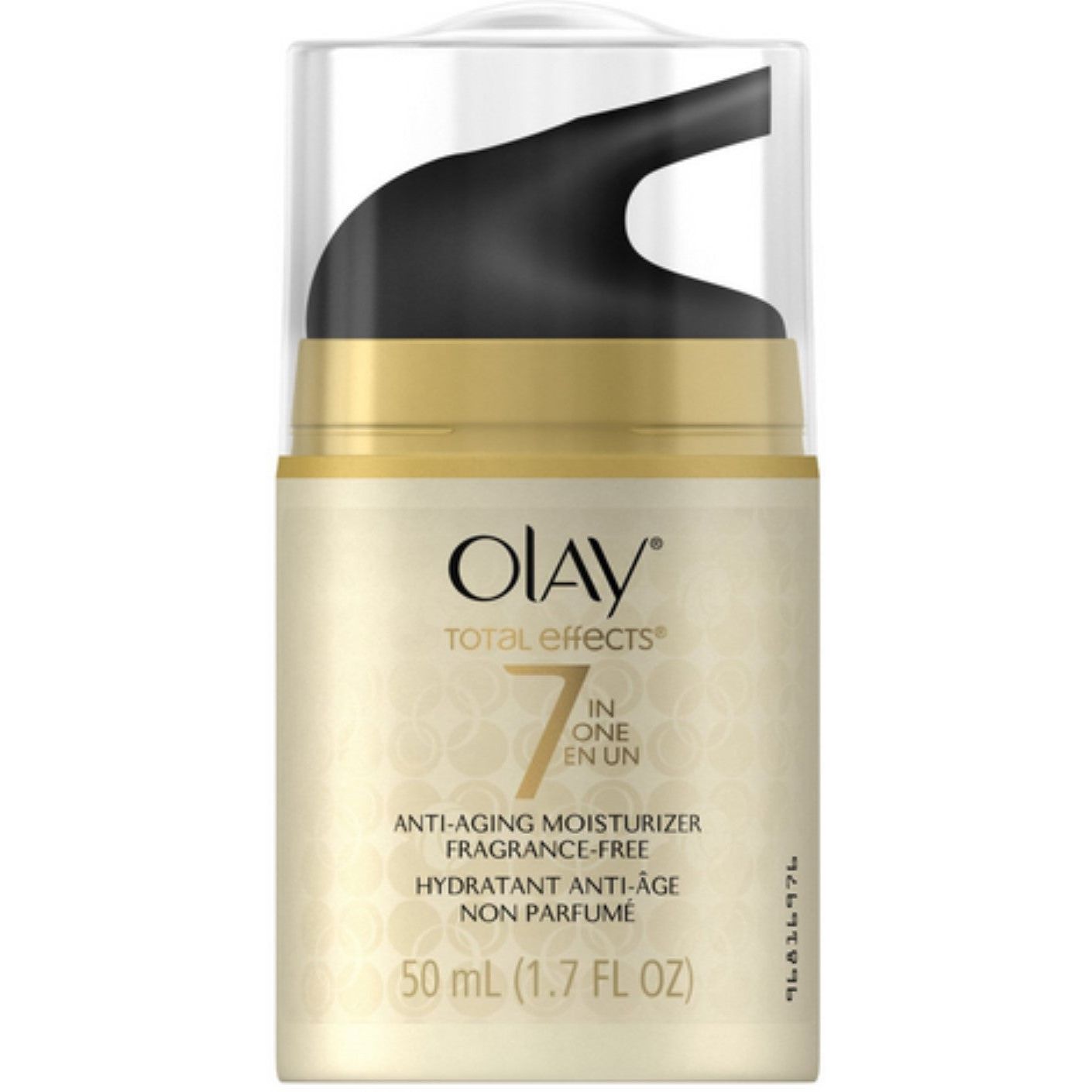 Olay Total Effects 7 in One Anti-Aging Moisturizer in a fragrance-free bottle, displayed with product packaging.