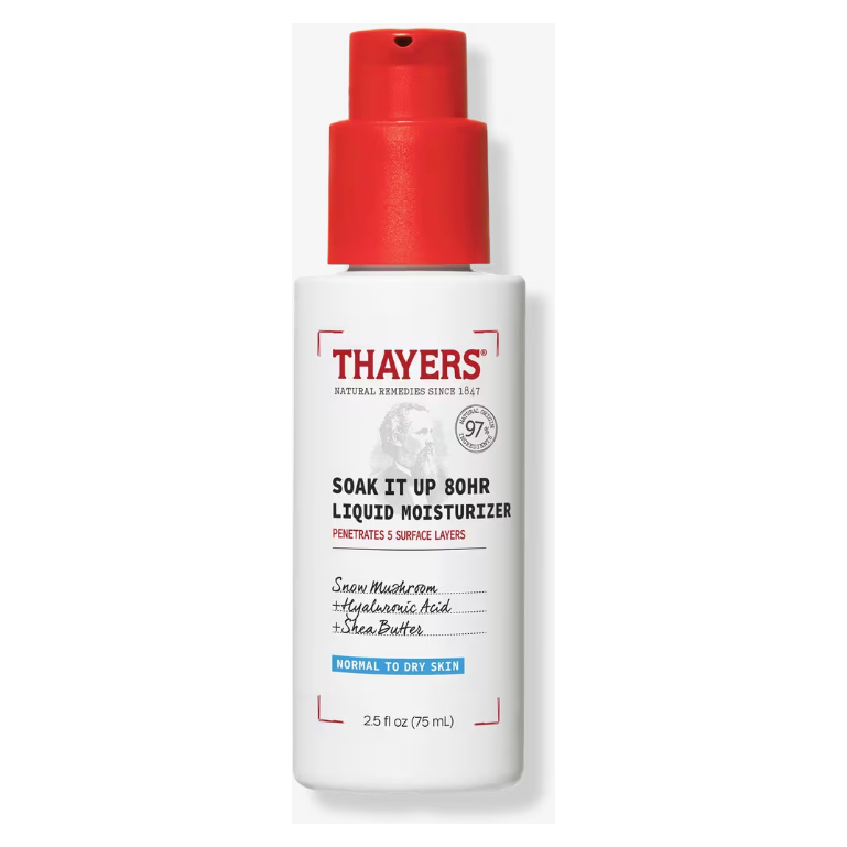 Thayers Soak It Up 80HR Liquid Moisturizer by Pasteur Pharmacy in 75ml bottle, showing the clear liquid and packaging.