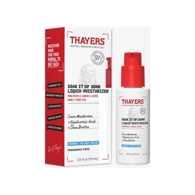 Thayers Soak It Up 80HR Liquid Moisturizer in 75ml bottle, hydrating skincare product by Pasteur Pharmacy.
