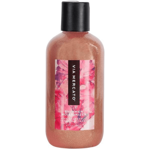 Via Mercato Shimmer Moisturizer by Pasteur Pharmacy in pink grapefruit, vervain, and cassis, 6.7oz bottle with a sleek design.