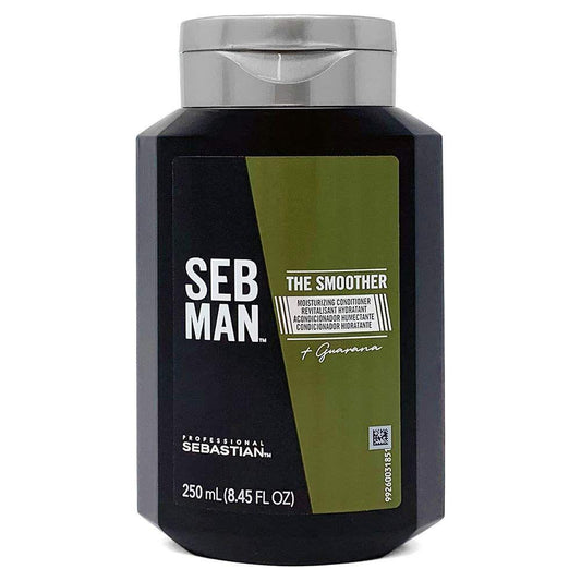 Sebastian Seb Man The Smoother moisturizing conditioner in 8.45oz bottle, nourishing hair and adding smoothness and shine.