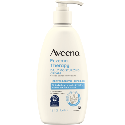 Aveeno Active Naturals Eczema Therapy Moisturizing Cream in 12 fl oz jar, shown with smooth, creamy texture for soothing skin care.