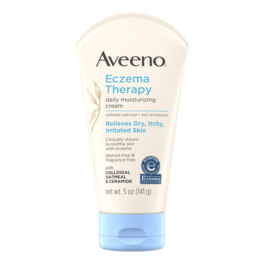 Aveeno Eczema Therapy Daily Moisturizing Cream with oatmeal in a 5 oz tube, shown with the product packaging.