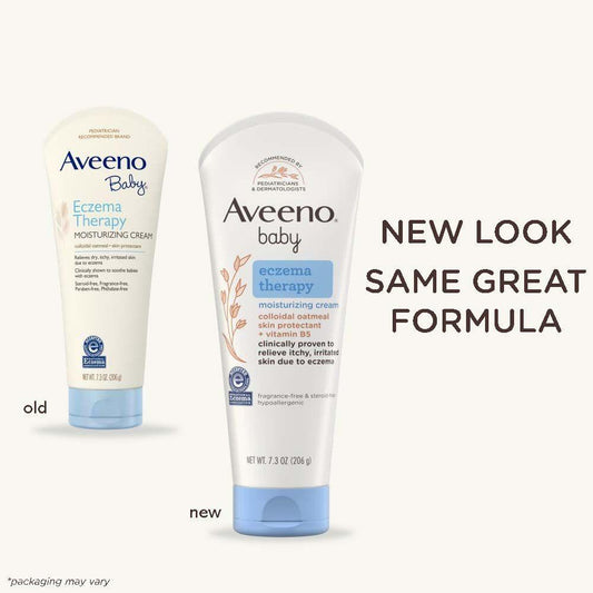 Aveeno Eczema Therapy Moisturizing Cream in a 7.3 oz tube, featuring soothing skincare for dry, irritated skin.