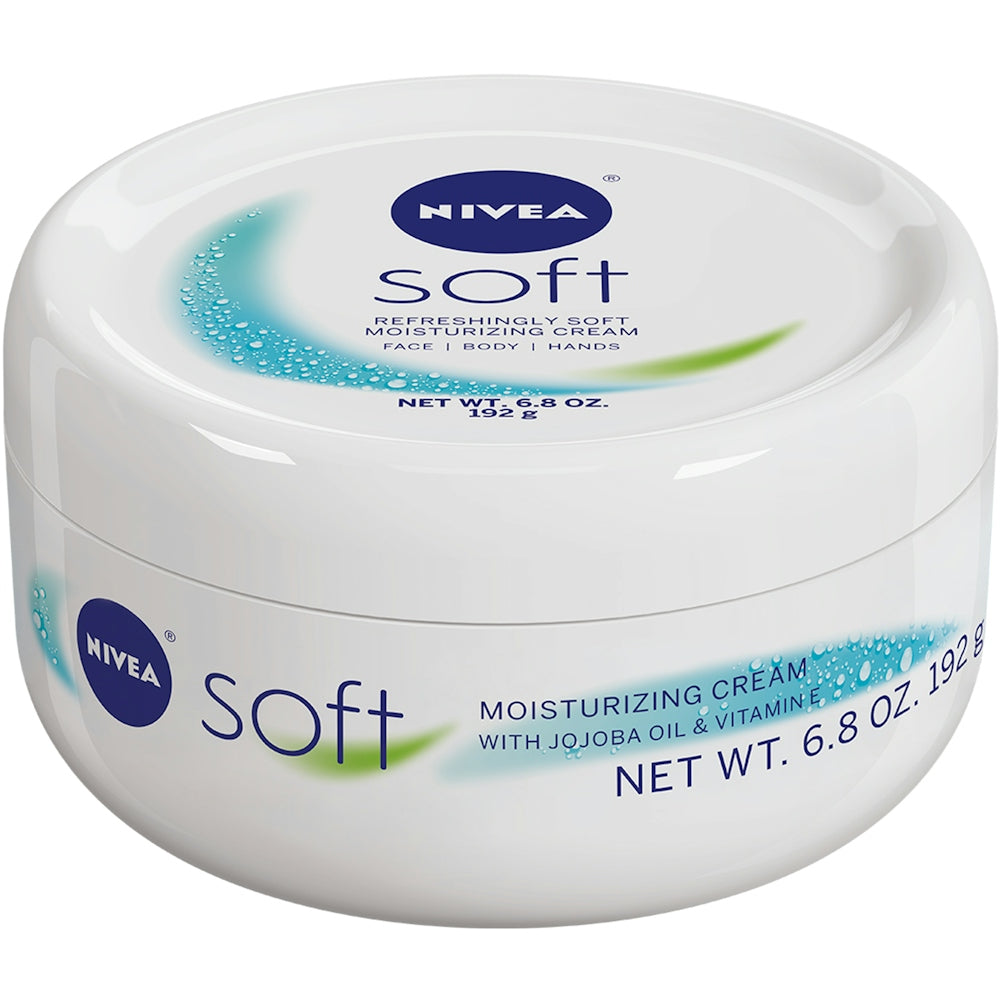 Nivea Soft Refreshingly Soft Moisturizing Cream in a 6.8 oz jar, creamy texture visible in a clear jar with a white lid.