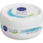 Nivea Soft Refreshingly Soft Moisturizing Cream in a 6.8 oz jar, creamy texture visible in a clear jar with a white lid.