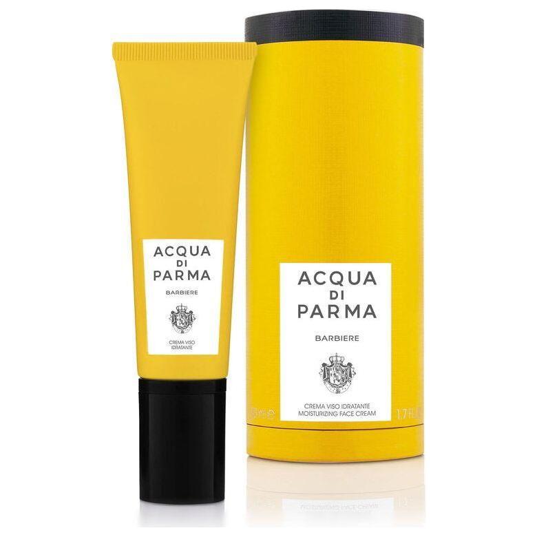 Acqua Di Parma Barbiere Moisturizing Face Cream in 50ml jar, featuring sleek packaging and creamy texture for men's skincare.