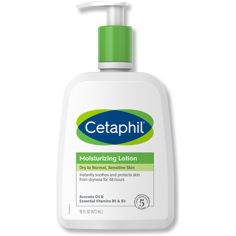 Cetaphil Body Hydrating Moisturizing Lotion in a 16 oz bottle, featuring a white pump dispenser and label with blue accents.
