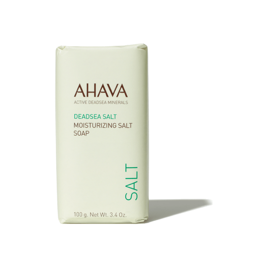 Ahava Dead Sea Salt Moisturizing Salt Soap in 3.4 oz bar, natural mineral-rich soap with textured surface and packaging.
