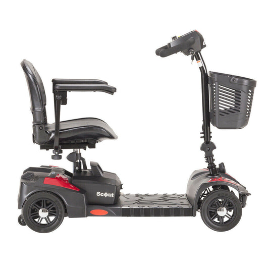 Red Drive Medical Scout compact travel power scooter with a sturdy seat and control panel, designed for easy mobility.
