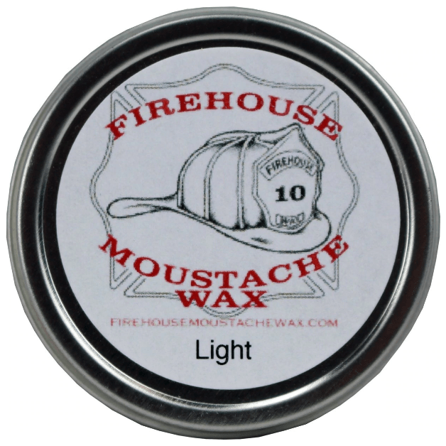 Pasteur Pharmacy Firehouse Light Moustache Wax 1 Oz jar with a black lid, designed for styling and shaping moustaches.