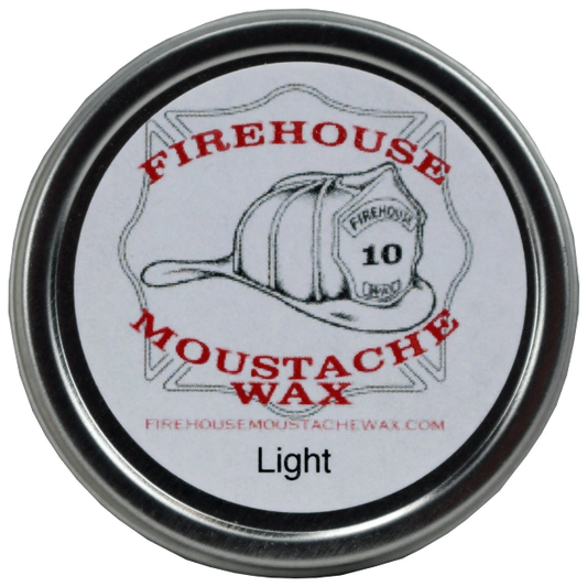 Pasteur Pharmacy Firehouse Light Moustache Wax 1 Oz jar with a black lid, designed for styling and shaping moustaches.