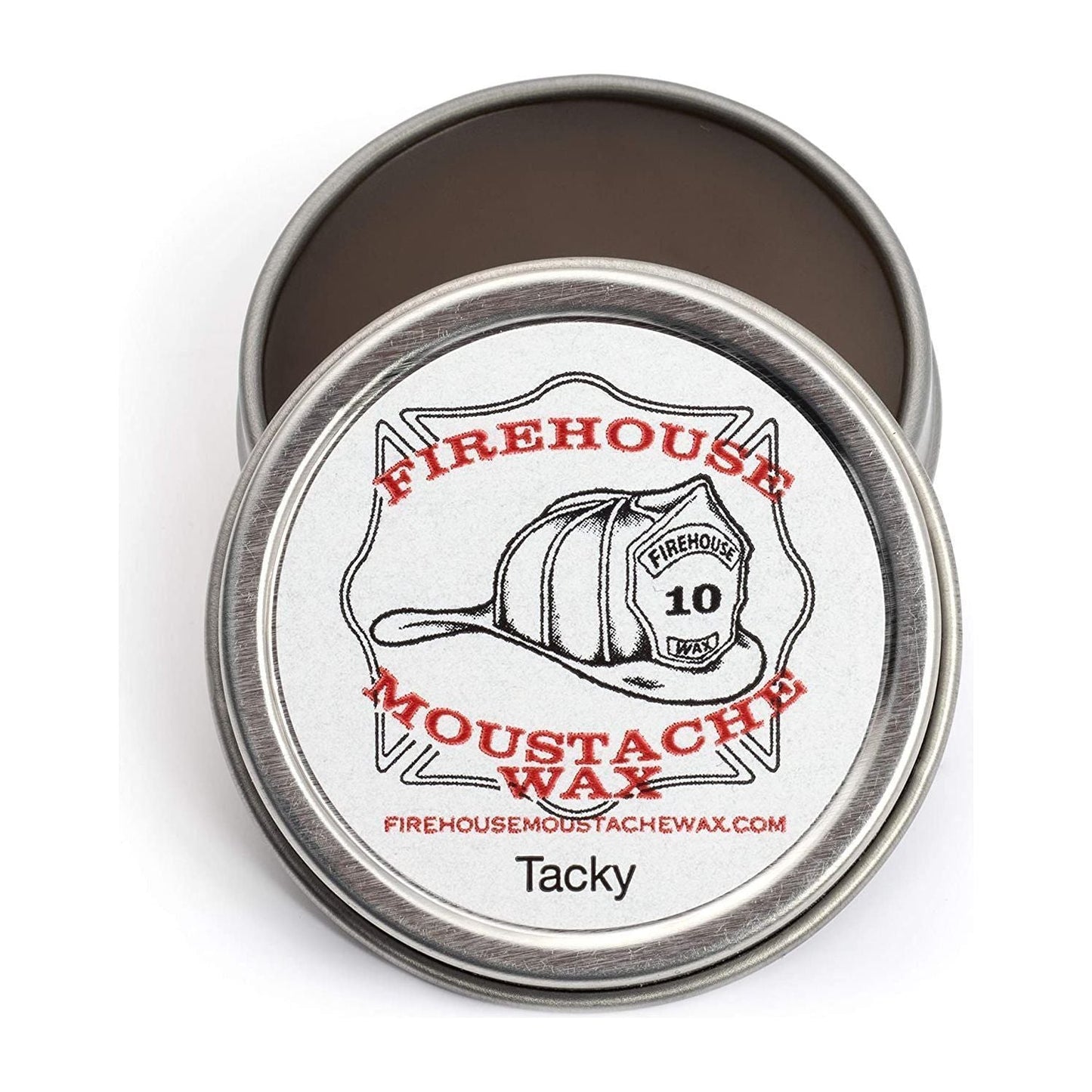Firehouse Tacky Moustache Wax by Pasteur Pharmacy, 1 oz, in a metal tin for styling and shaping moustaches.