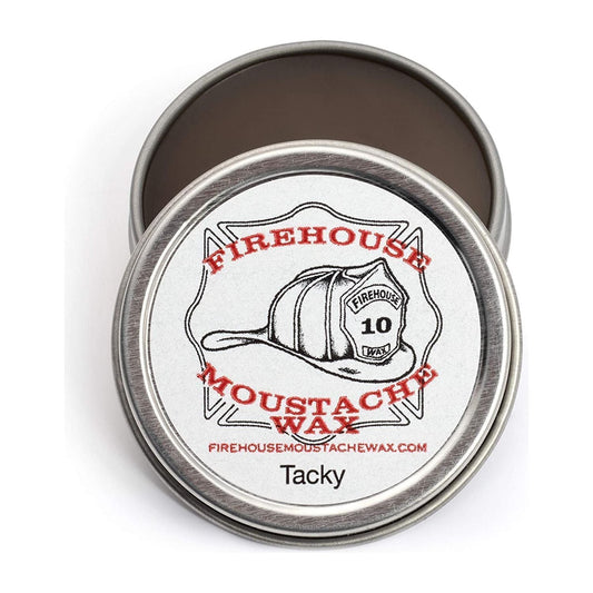 Firehouse Tacky Moustache Wax by Pasteur Pharmacy, 1 oz, in a metal tin for styling and shaping moustaches.