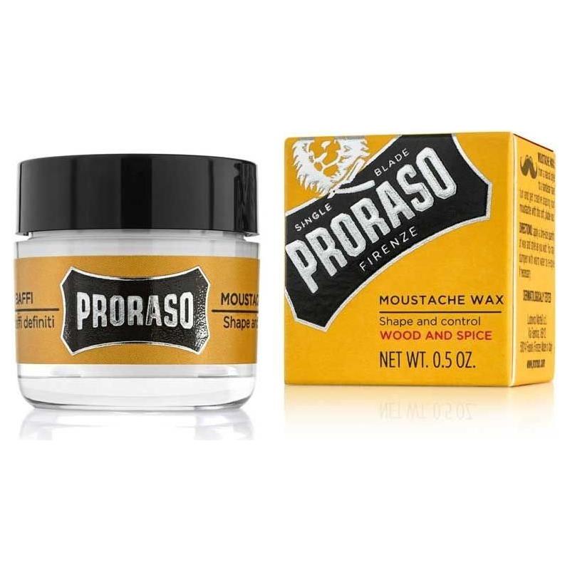 Proraso Moustache Wax in 0.5 oz container, natural beard grooming product, designed to style and shape moustaches.