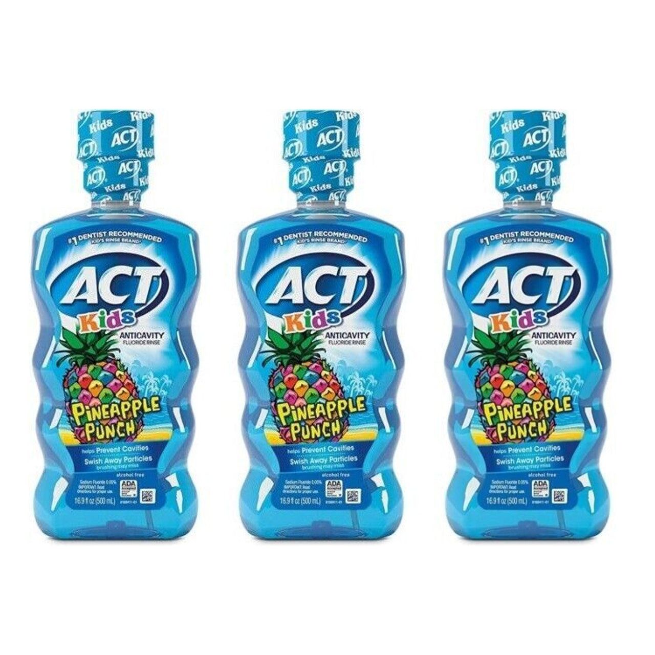 Kids ACT Fluoride Rinse mouthwash in pineapple punch flavor, alcohol-free anticavity mouthwash by Pasteur Pharmacy, 16.9 oz.