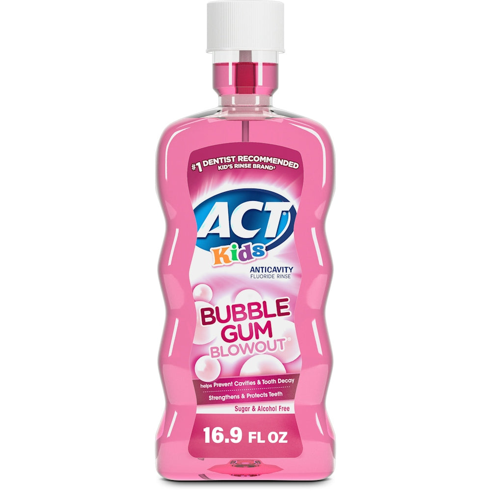 Act Kids Bubble Gum Blowout anticavity fluoride mouthwash by Pasteur Pharmacy in a 16.9 fl oz bottle, with bright bubble gum flavor label.