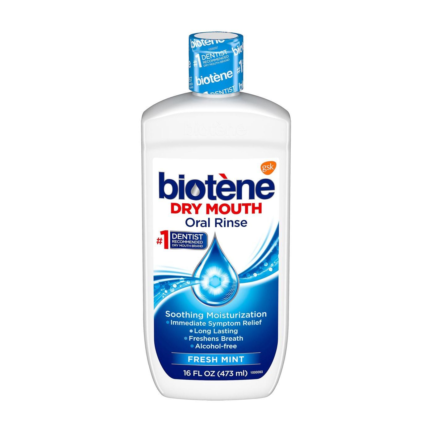 Biotene Oral Rinse Mouthwash for dry mouth with fresh mint, 16 fl oz, in a clear bottle with blue label and cap.