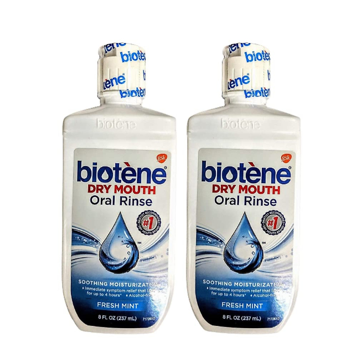 Biotene Oral Rinse Mouthwash for dry mouth with fresh mint, 8 oz, in a clear bottle showing the label and mint flavor.