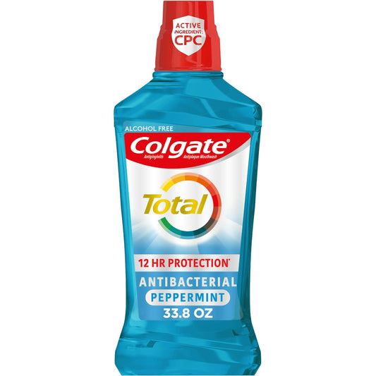 Colgate Total Advanced Peppermint Mouthwash in a 33.81 fl oz bottle, showing the mouthwash with peppermint flavor.