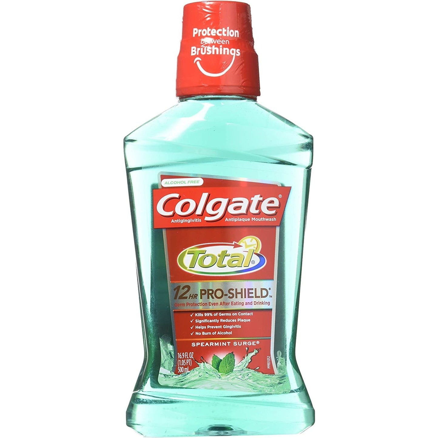 Colgate Total antibacterial spearmint mouthwash in a 16.9 fl oz bottle, used for oral hygiene and freshening breath