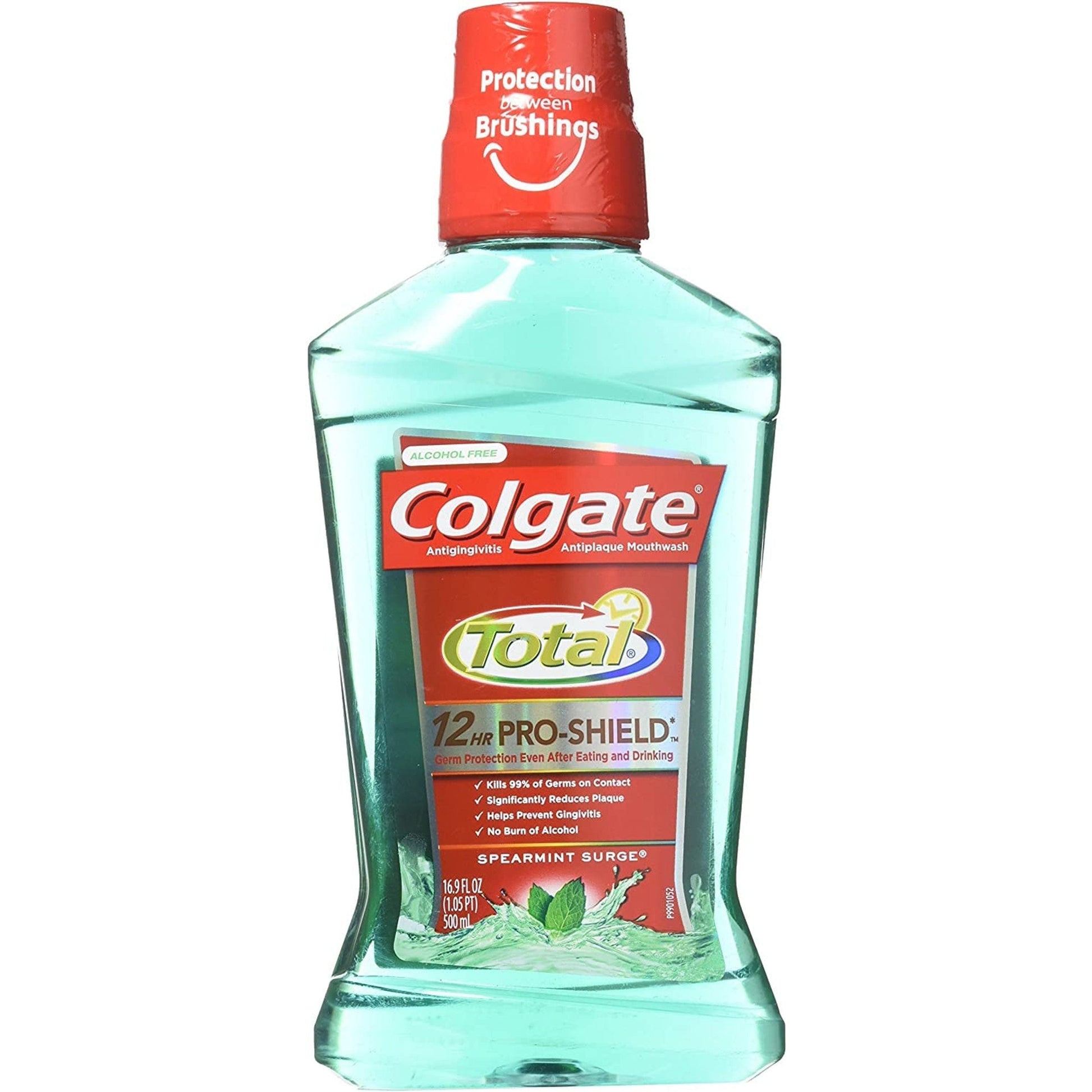 Colgate Total antibacterial spearmint mouthwash in a 16.9 fl oz bottle, used for oral hygiene and freshening breath