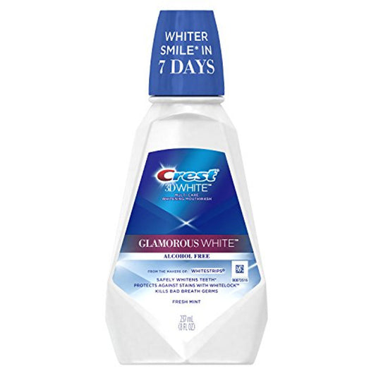 Crest 3D White Glamorous White Mouthwash by Pasteur Pharmacy with fresh mint flavor, in a clear bottle with blue label.