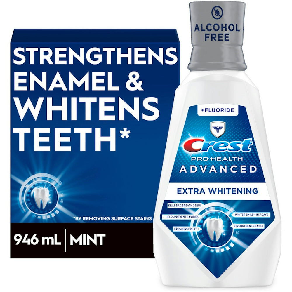 Crest Pro-Health Advanced Mouthwash in a 946 mL bottle, alcohol-free, extra whitening, energizing mint flavor, from Pasteur Pharmacy