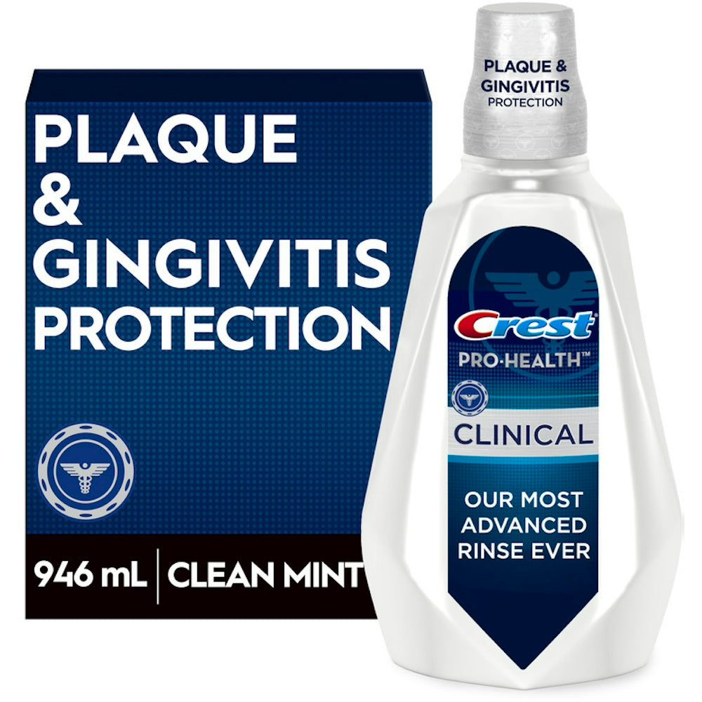 Crest Pro Health Clinical Deep Clean Mint Mouthwash in a 32 Fl Oz bottle, showing the mint-flavored mouthwash product.