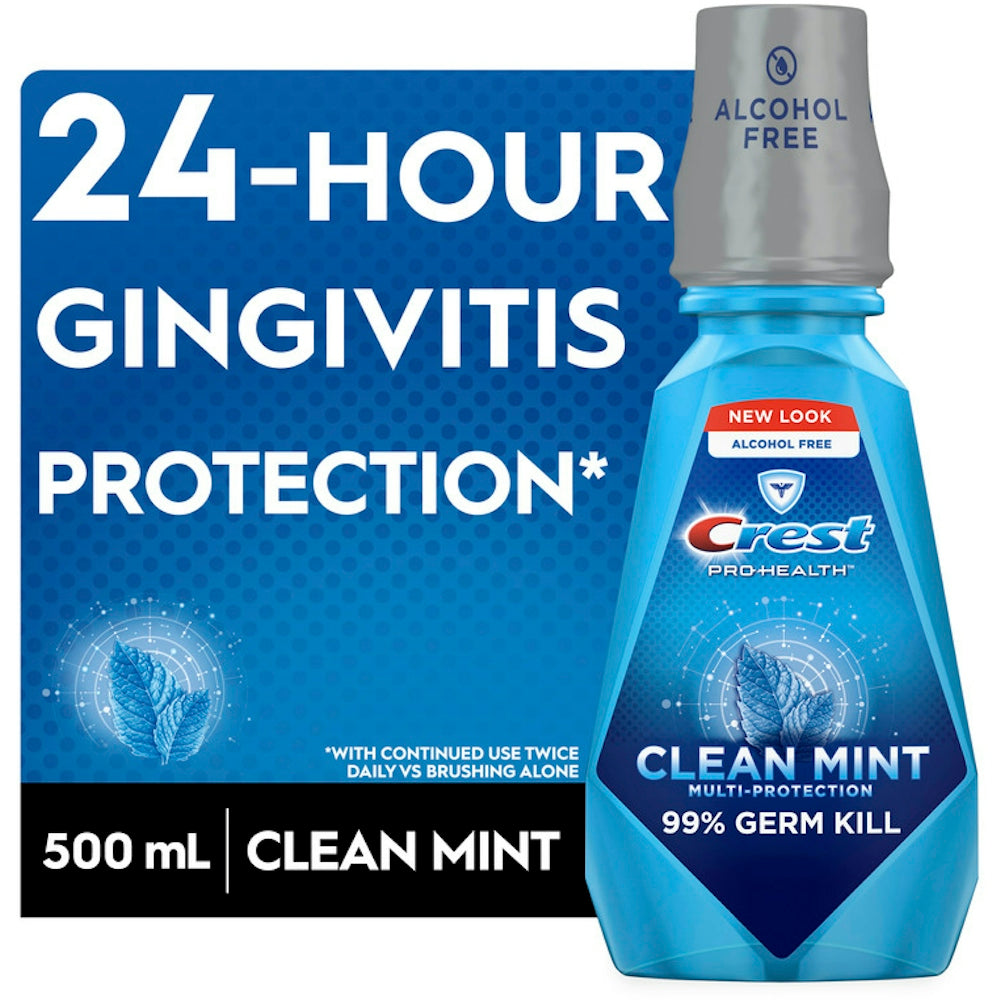 Crest Pro Health Multi Protection Clean Mint mouthwash in a 16.9 fl oz bottle, used for oral hygiene and fresh breath.