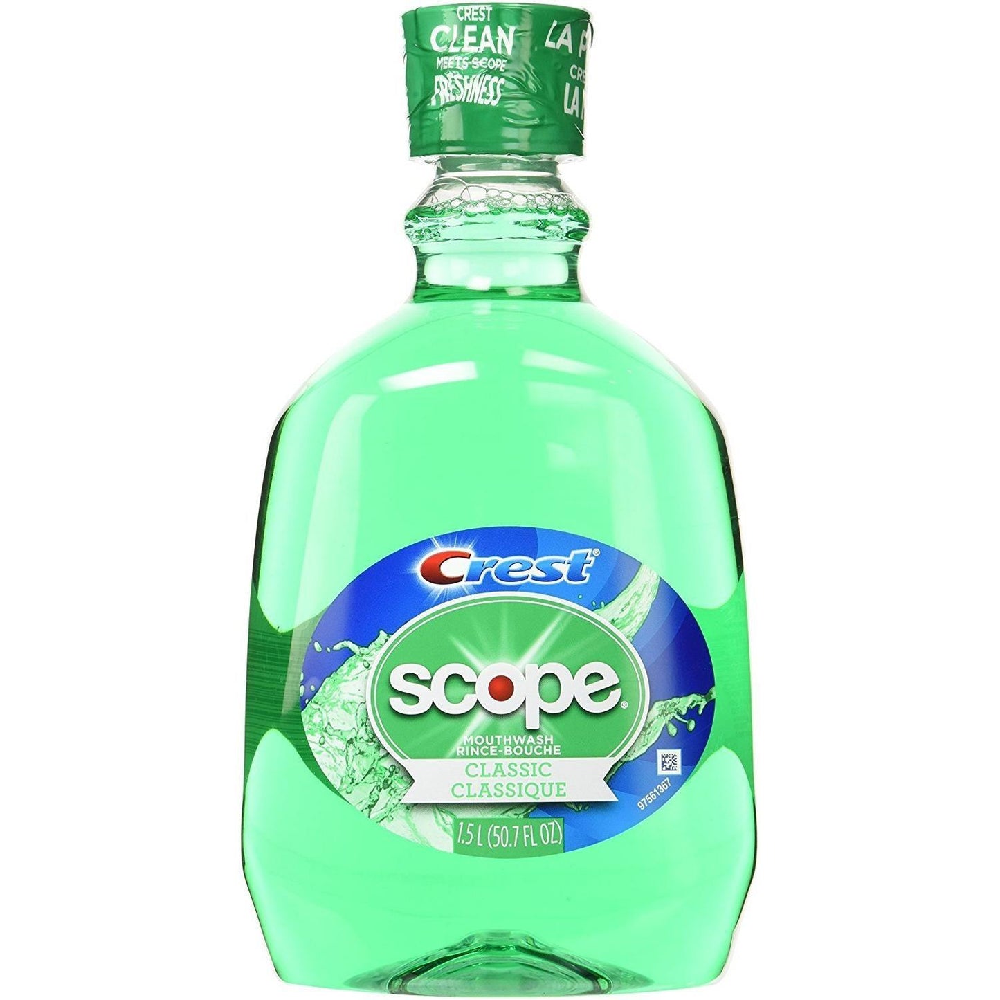 Crest Scope Original Mint Mouthwash in a 50.7 fl oz bottle, with label showing fresh mint flavor and classic design.