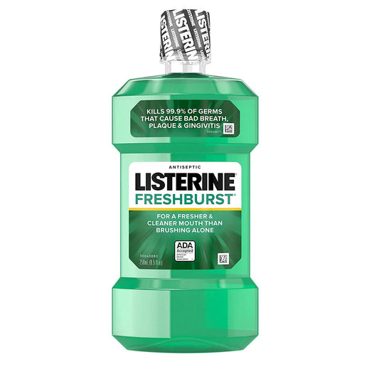 Listerine Freshburst Antiseptic Mouthwash by Pasteur Pharmacy showing the bottle, used for bad breath and plaque control.