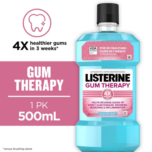 Listerine Glacier Mint Mouthwash with Gum Therapy in a 1.05 pt bottle, freshens breath and promotes gum health.