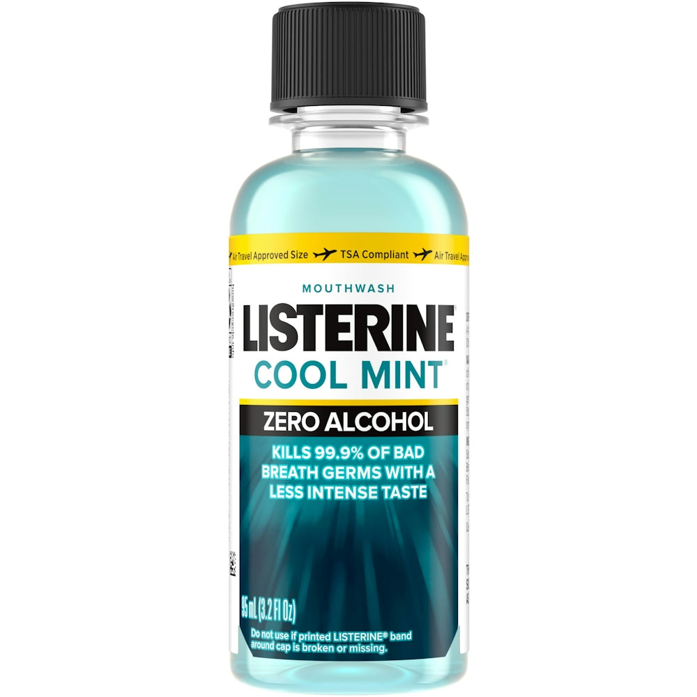 Listerine Zero Alcohol Cool Mint Mouthwash in a 3.2 fl oz bottle, refreshing oral rinse by Pasteur Pharmacy