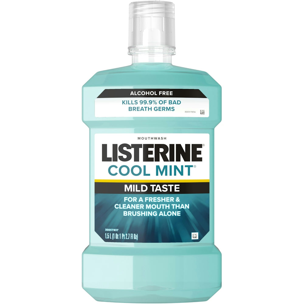 Listerine Zero Alcohol Cool Mint Mouthwash in 50.7 fl oz bottle, fresh mint flavor for oral hygiene and fresh breath.