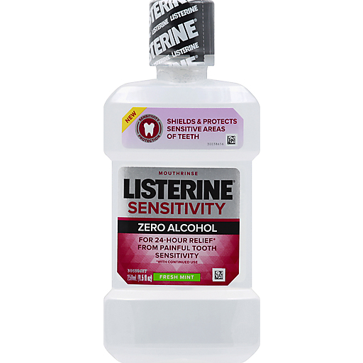 Listerine Sensitivity Zero Alcohol Mouthwash in 8.5 fl oz bottle, gentle oral rinse for sensitive teeth, by Pasteur Pharmacy.