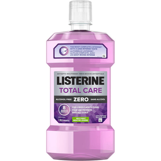 Listerine Total Care alcohol-free mouthwash in a 500ml bottle with mild mint flavor, designed for fresh breath and oral health.
