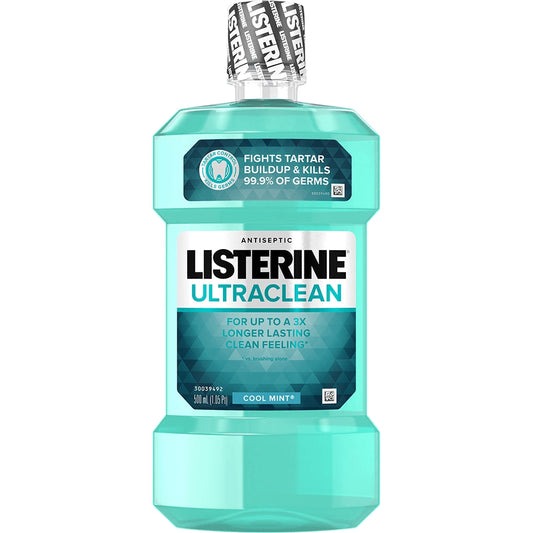 Listerine Ultraclean Antiseptic Mouthwash in a 1L bottle, featuring cool mint flavor for gingivitis oral care.