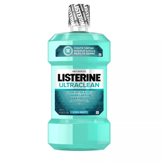 Listerine Ultraclean Cool Mint mouthwash in a 1.5L bottle, antiseptic oral care product with fresh mint flavor
