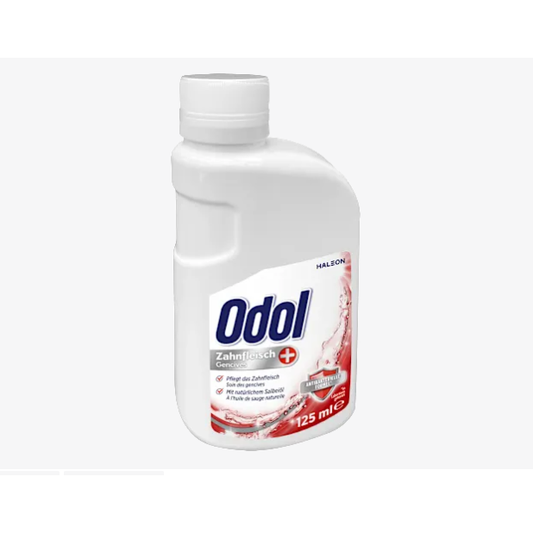 Odol Mouthwash 125ml bottle with blue liquid, designed for oral hygiene and freshening breath.