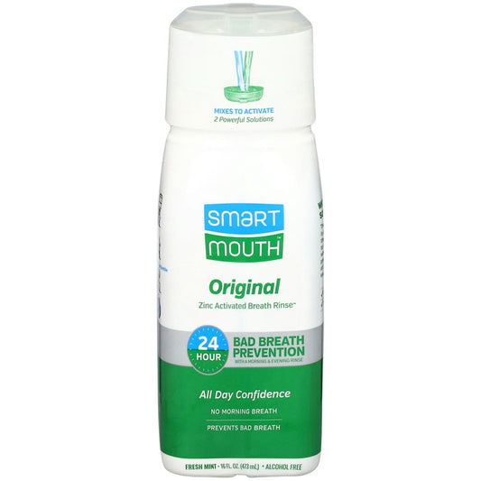 Smart Mouth Original Zinc Activated Fresh Mint Mouthwash by Pasteur Pharmacy, 16 fl oz bottle with mint-flavored rinse and label.