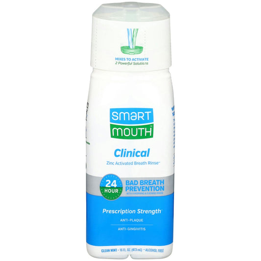 Smart Mouth Zinc Activated Clinical Clean Mint Mouthwash by Pasteur Pharmacy in a 16 fl oz bottle, showing the product label.