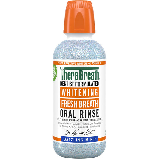 TheraBreath Dazzling Mint Whitening Fresh Oral Rinse in 16 Fl Oz bottle, featuring mint flavor and teeth whitening benefits.