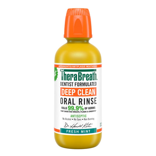 TheraBreath Deep Clean Antiseptic Oral Rinse mouthwash in 16 fl oz bottle, by Pasteur Pharmacy, showing the product bottle and label.