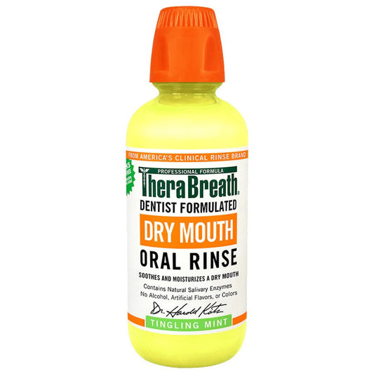 TheraBreath Dry Mouth Oral Rinse by Pasteur Pharmacy, 16 Fl Oz, with tingling mint flavor, in a mouthwash bottle.