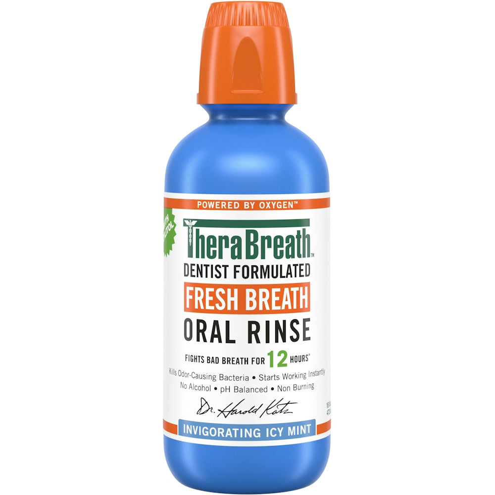 TheraBreath Oral Rinse in Icy Mint, 16 Fl Oz bottle, Pasteur Pharmacy mouthwash for fresh breath and oral freshness.