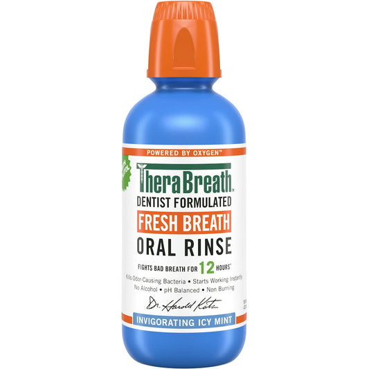TheraBreath Oral Rinse in Icy Mint, 16 Fl Oz bottle, Pasteur Pharmacy mouthwash for fresh breath and oral freshness.