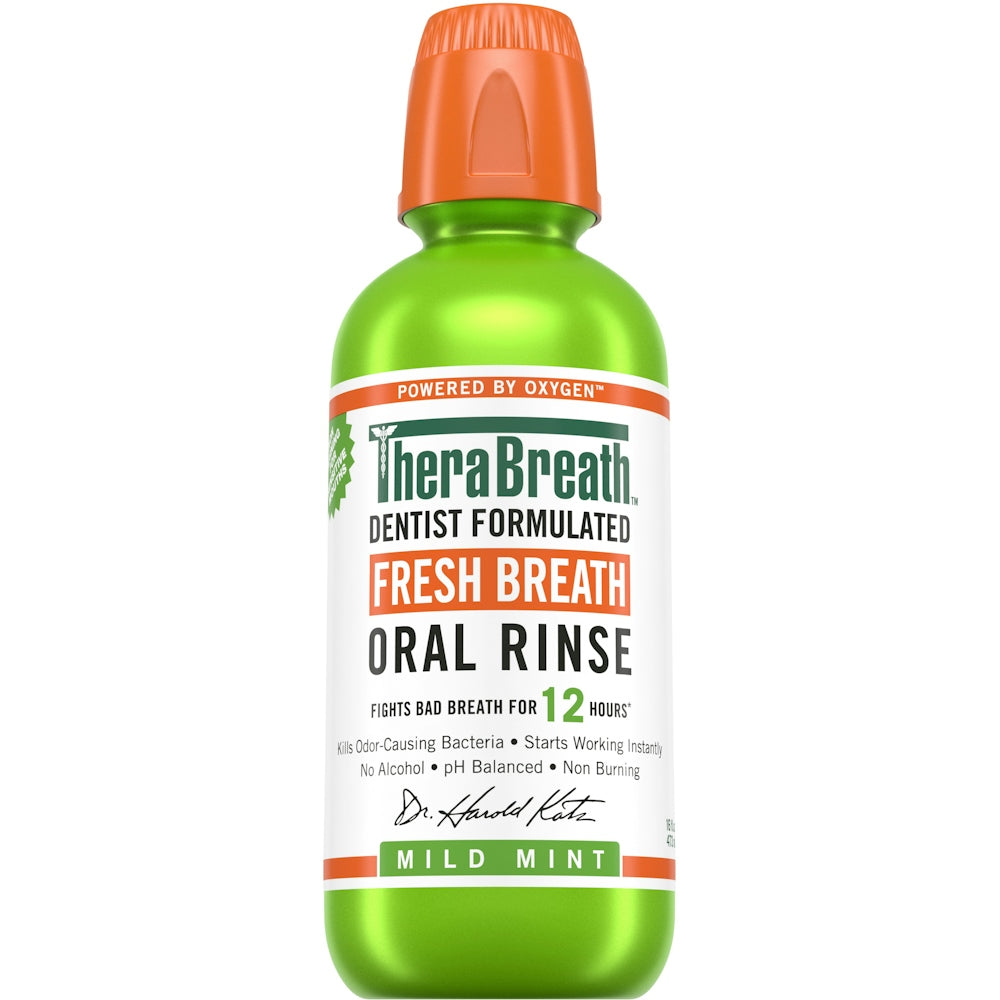 TheraBreath Oral Rinse Fresh Mild Mint mouthwash in 16 fl oz bottle by Pasteur Pharmacy, showing the mint-flavored mouthwash.